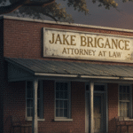 A imagem mostra um escritório de advocacia com aparência dos anos 80, com a fachada escrito "Jake Brigance Attorney at Law"