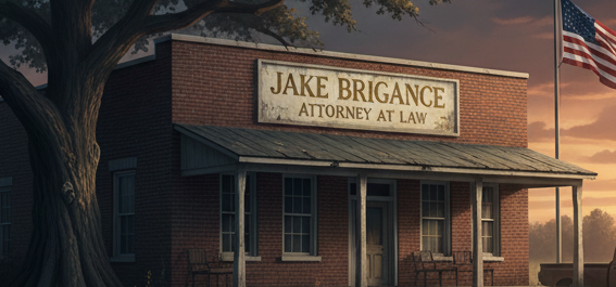 A imagem mostra um escritório de advocacia com aparência dos anos 80, com a fachada escrito "Jake Brigance Attorney at Law"