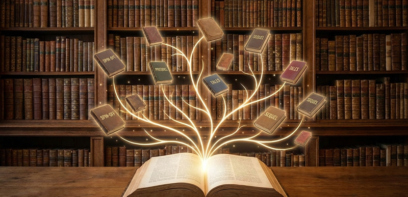 Uma árvore de livros paralelos brota de um livro aberto sobre a mesa.