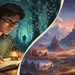 A imagem mostra dois cenários e um rapaz escrevendo. Ele imagina um mundo épico e um personagem em uma floresta.