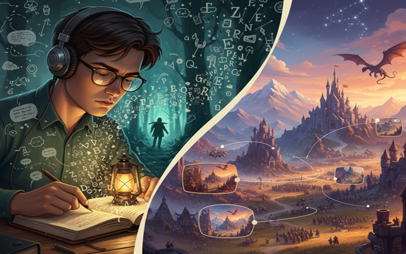 A imagem mostra dois cenários e um rapaz escrevendo. Ele imagina um mundo épico e um personagem em uma floresta.