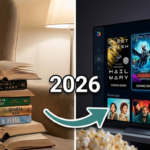 A imagem mostra uma pilha de livros à esquerda, uma seta com o número 2026, e uma tela de TV com capas de filmes e séries à direita.