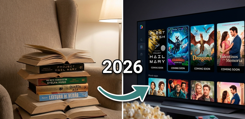 A imagem mostra uma pilha de livros à esquerda, uma seta com o número 2026, e uma tela de TV com capas de filmes e séries à direita.