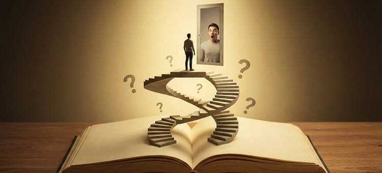 Um personagem sai de um livro, sobe uma escada e dá de cara com um espelho.