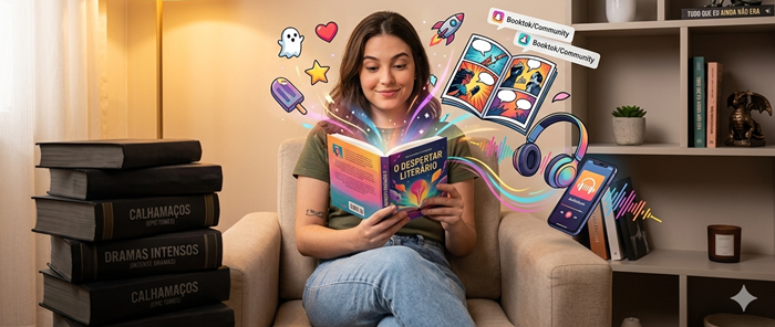 Uma mulher segura um livro aberto e é cercada de símbolos de diversas possibilidades de mídia literária.