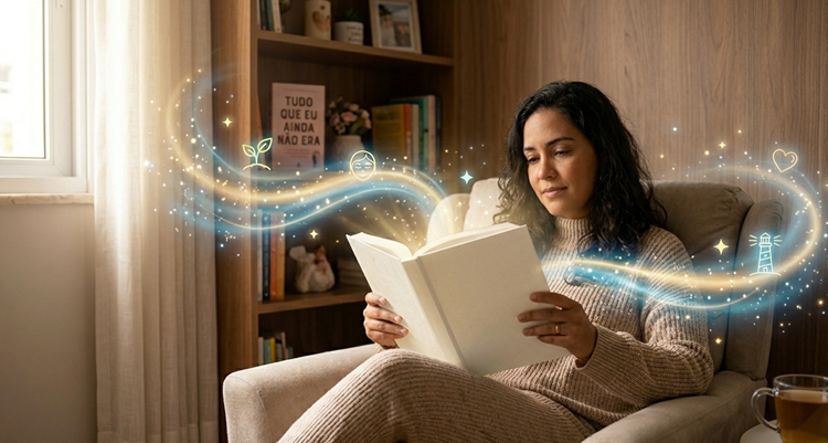 Uma mulher lê um livro com um semblante tranquilo.