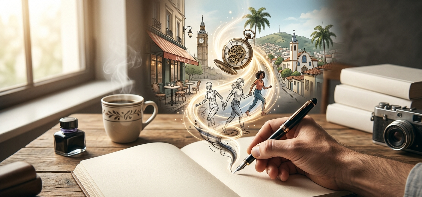 Uma mão escreve em um caderno e outros mundos surgem dali.