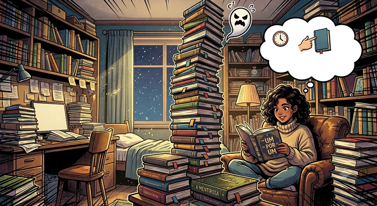 Uma moça está cercada de livros em uma biblioteca bagunçada.