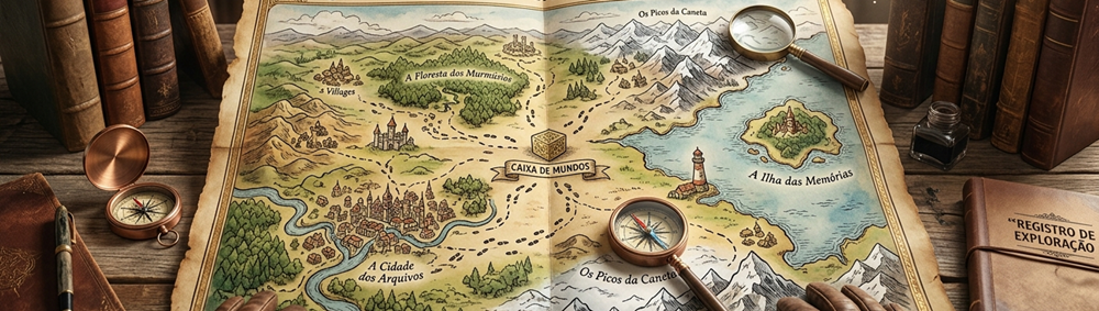 A imagem mostra um mapa desconhecido sobre uma mesa em uma biblioteca.