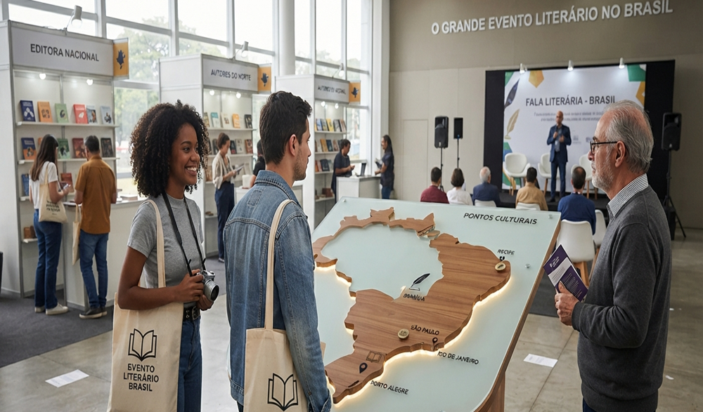 Algumas pessoas interagemem um evento com bancas de livros e um palco.